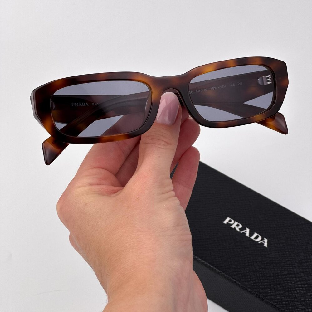 Prada PRB06S Rectangle Sunglasses – Havana Frame with Grey Lenses | Model 15W03N